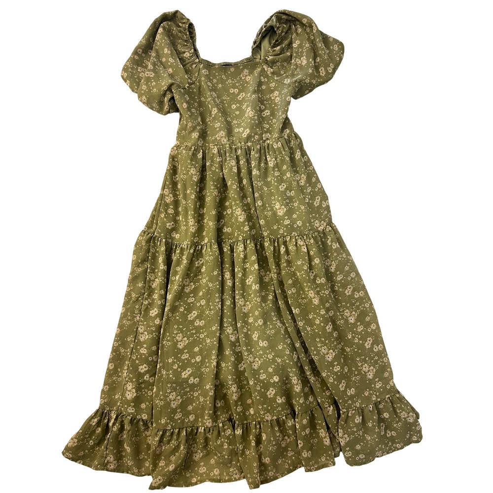 Mikarose Olive Green Floral Puff Sleeve Smocked Tiered Maxi Dress XS
